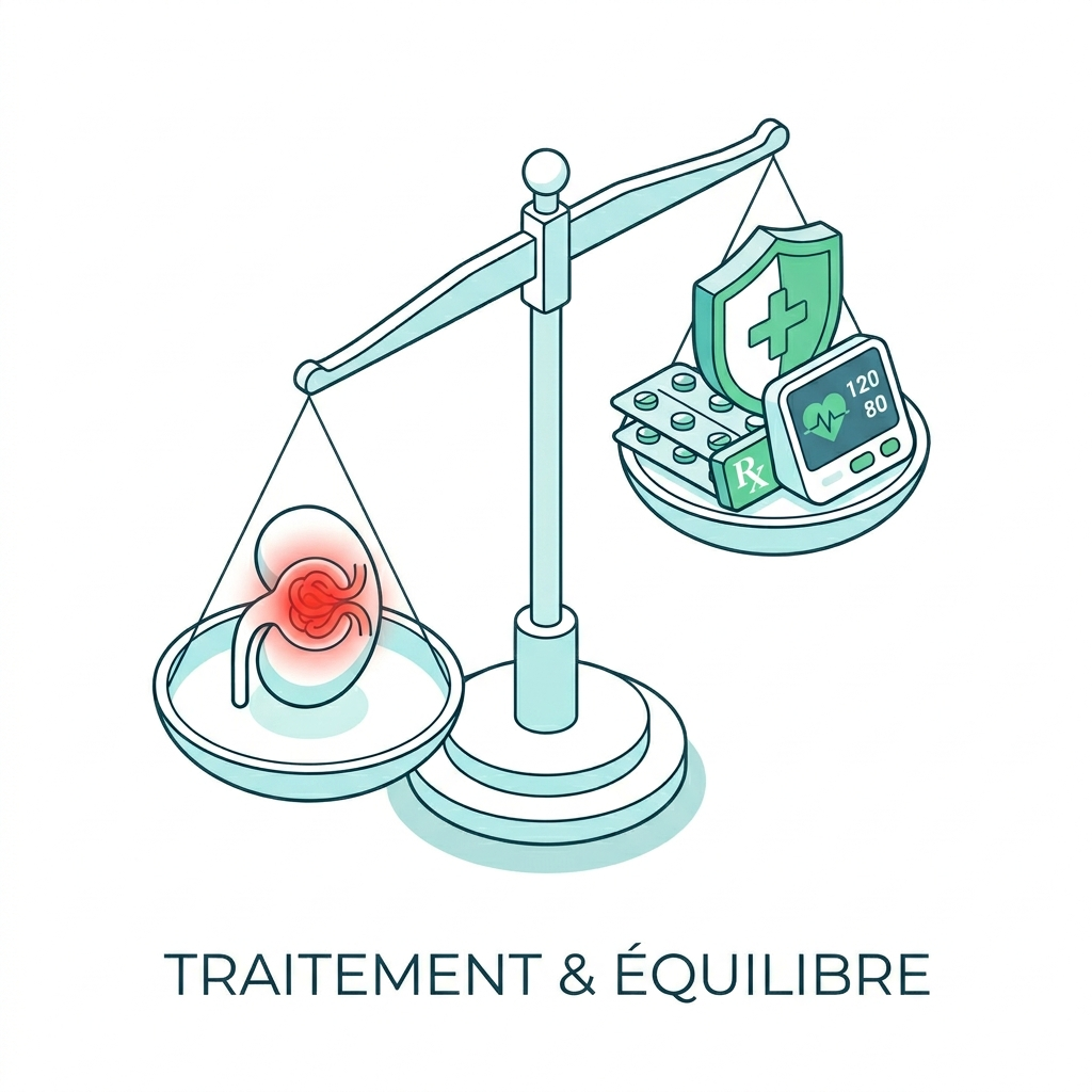 Schéma patient : dans la glomérulopathie, contrôler la tension artérielle (objectif 130/80 mmHg) protège les reins et ralentit la progression vers l'insuffisance rénale.
